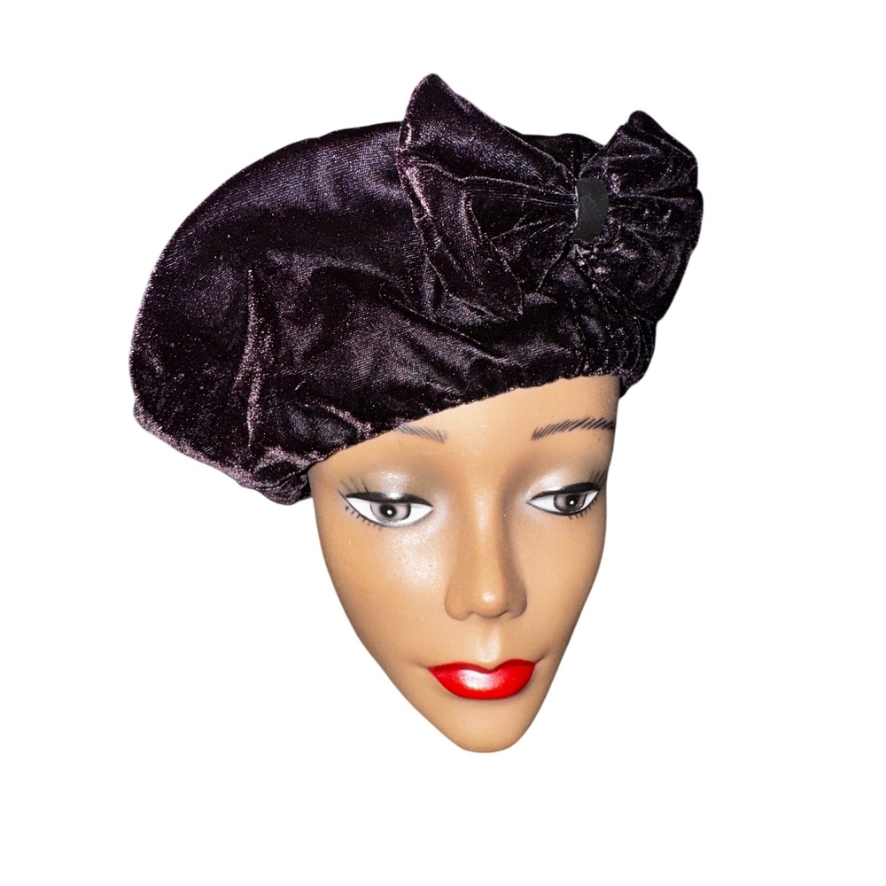 Vintage Black Velvet Beret Turban Hat with Oversized Bow Accent Retro Goth‎ Punk